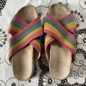 Papucei Multi Colored Leather Strip Criss Cross Ribbed Bottom Slides